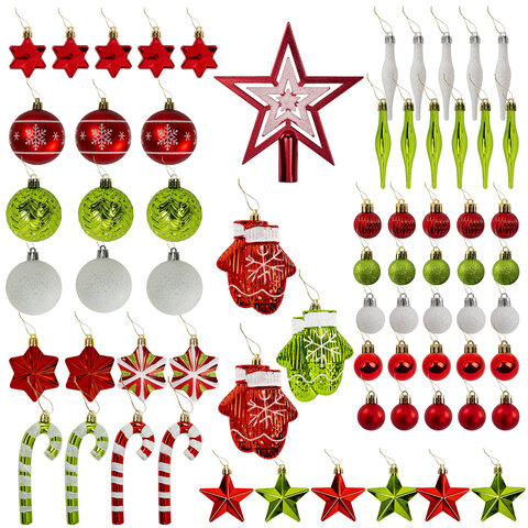 Шары новогодние ёлочные "Red&Lime", НАБОР 67 предметов, красный/зелёный, пластик, ЗОЛОТАЯ СКАЗКА, 592184 - фото 2