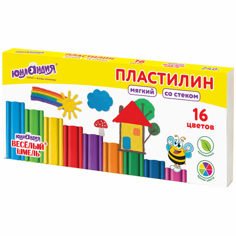 Пластилин мягкий ЮНЛАНДИЯ "ВЕСЕЛЫЙ ШМЕЛЬ", 16 цветов, 240 г, СО СТЕКОМ, 106673 - фото 1