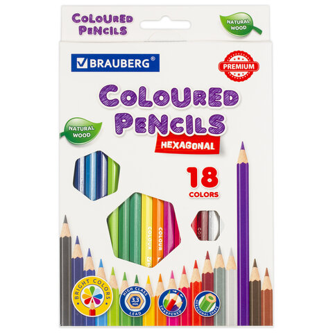 Карандаши цветные BRAUBERG PREMIUM, 18 цветов, шестигранные, грифель 3,3 мм, натуральное дерево, 181657 - фото 1