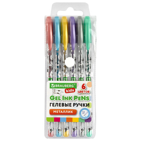 Ручки гелевые МЕТАЛЛИК BRAUBERG KIDS "CUTE ANIMALS", НАБОР 6 ЦВЕТОВ, корпус с печатью, узел 1 мм, линия письма 0,7 мм, 144440 - фото 1