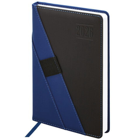 Ежедневник датированный 2026, А5, 138х213 мм, BRAUBERG "Swirl", под кожу, держатель для ручки, синий, 117479 - фото 1