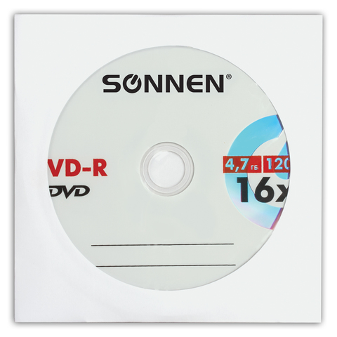 Диск DVD-R SONNEN, 4,7 Gb, 16x, бумажный конверт (1 штука), 512576 - фото 1