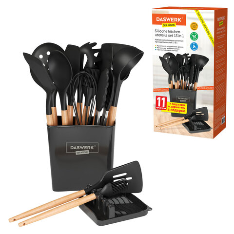 Набор силиконовых кухонных принадлежностей с деревянными ручками 13 в 1, черный, DASWERK (ДАСВЕРК), 608197 - фото 1
