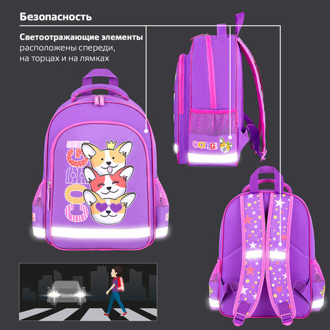 Рюкзак ПИФАГОР SCHOOL, 1 отделение, 3 кармана, "Corgi queen", 38x28х14 см, 272085 - фото 13