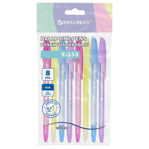 Ручки шариковые BRAUBERG "X-333 PASTEL", НАБОР 8 ШТУК, СИНИЕ, узел 0,7 мм, линия письма 0,35 мм, 144531 - фото 1