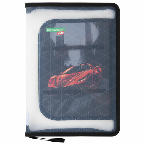 Папка для труда на молнии BRAUBERG KIDS А4, 1 отделение, прозрачная, органайзер, "Red car", 272209 - фото 1