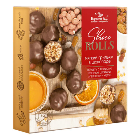 Конфеты-грильяж в шоколаде "Shoco Rolls" с арахисом, изюмом, цукатами, апельсином и медом, 135 г, БЕРЕСТОВ А.С., УТ-00031671 - фото 1