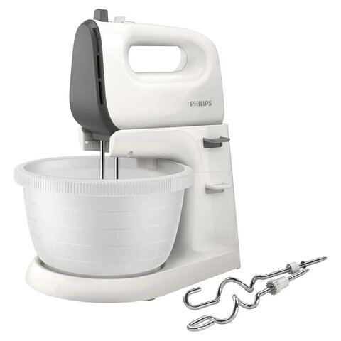 Миксер PHILIPS HR3745/00 на подставке 450 Вт, 5 скоростей, 2 венчика, 2 крюка для теста, чаша, белый - фото 1