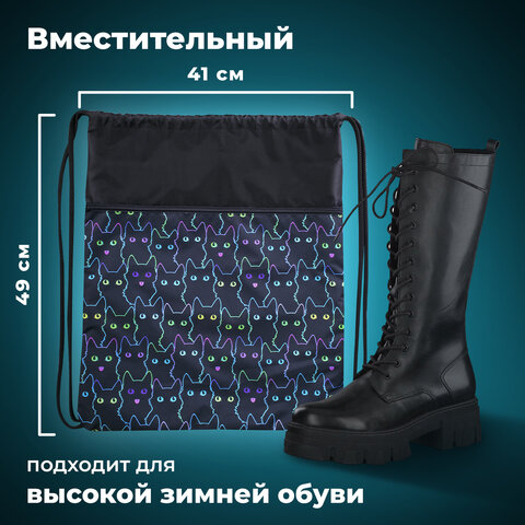 Мешок для обуви BRAUBERG БОЛЬШОЙ, с ручкой, карман на молнии, сетка, 49х41 см, "Cats", 271059 - фото 10
