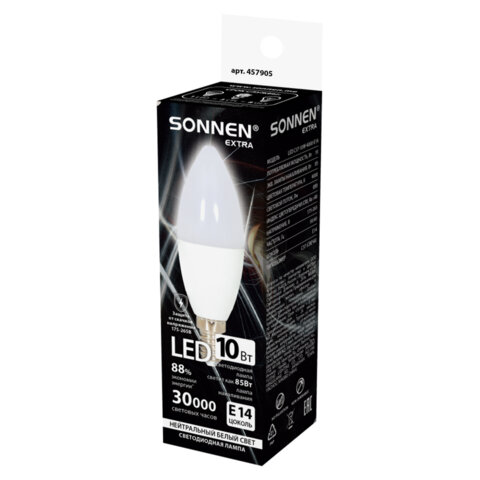 Лампа светодиодная SONNEN EXTRA, 10 (85) Вт, Е14, свеча, нейтральный белый, 30000 ч, LED C37-10W-4000-Е14, 457905 - фото 3