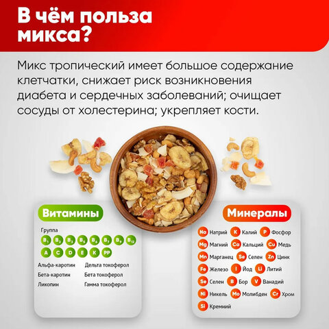 Орехи и сухофрукты NARMAK "Микс Тропический", грецкий орех, кешью, кокос, банан, цукаты, 400 г - фото 2