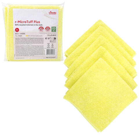 Салфетки VILEDA PROFESSIONAL "МикроТафф Плюс" КОМПЛЕКТ 5 шт., микрофибра, желтый, 38х38 см, 174205 - фото 1