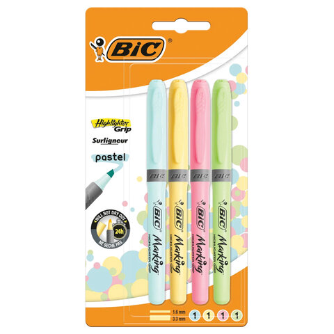 Набор текстовыделителей BIC "Grip Pastel" 4 шт., АССОРТИ, линия 1,6-4 мм, 964859 - фото 3