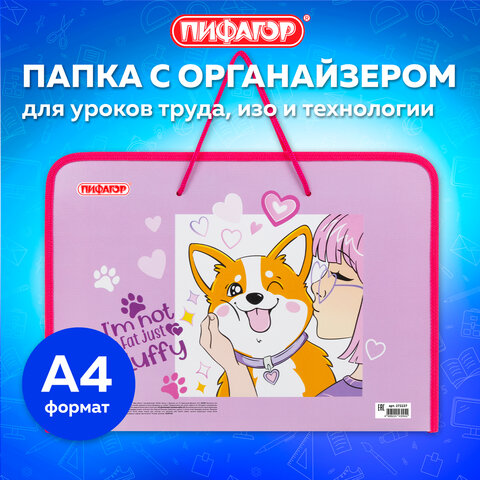 Папка для труда на молнии с ручками ПИФАГОР А4, 1 отделение, пластик, органайзер, "Fluffy akita", 272227 - фото 9