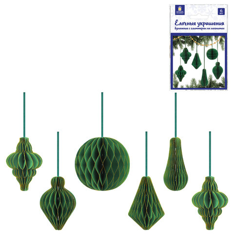 Елочные украшения из бумаги, НАБОР 6 шт., с глиттером, цвет изумрудный, ЗОЛОТАЯ СКАЗКА, 592541 - фото 1