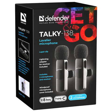 Микрофон беспроводной петличный DEFENDER Talky-138, 64 дБ, 2 микрофона, адаптер, черный, 64152 - фото 4