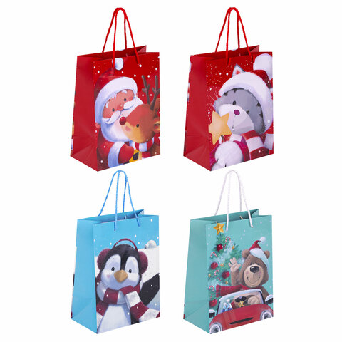 Пакет подарочный НАБОР 4 штуки, новогодний, 18х10х23 см, "Christmas Animals", ЗОЛОТАЯ СКАЗКА, 591956 - фото 1