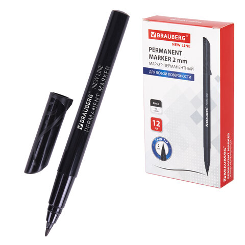 Маркер перманентный BRAUBERG NEW LINE, ЧЕРНЫЙ, круглый наконечник 2 мм, 152209 - фото 1