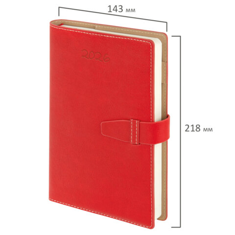 Ежедневник датированный 2026, А5, 143х218 мм, BRAUBERG "Journal", под кожу, застежка, держатель для ручки, органайзер, красный, 117380 - фото 2