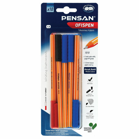 Ручки масляные PENSAN "Officepen", НАБОР 10 шт., АССОРТИ, узел 1 мм, линия письма 0,5 мм, 1010/B10 - фото 1