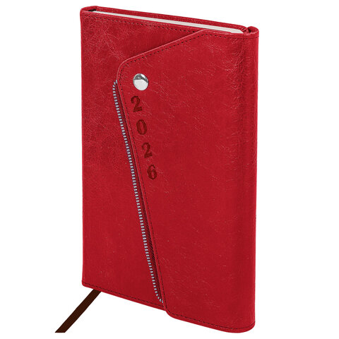 Ежедневник датированный 2026, А5, 145х213 мм, BRAUBERG "Jacket", под кожу, клапан, держатель, красный, 117401 - фото 1