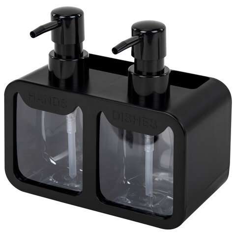 Дозатор DOUBLE для мыла/геля и моющего средства/шампуня, 2х350 мл, органайзер для губок и щеток, ЧЕРНЫЙ, 10х18х17 см, LAIMA HOME, 700045 - фото 2