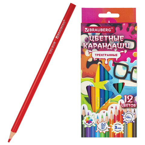 Карандаши цветные кросс-серия МОНСТРИКИ, 12 цветов, трехгранные, BRAUBERG, 182112 - фото 1