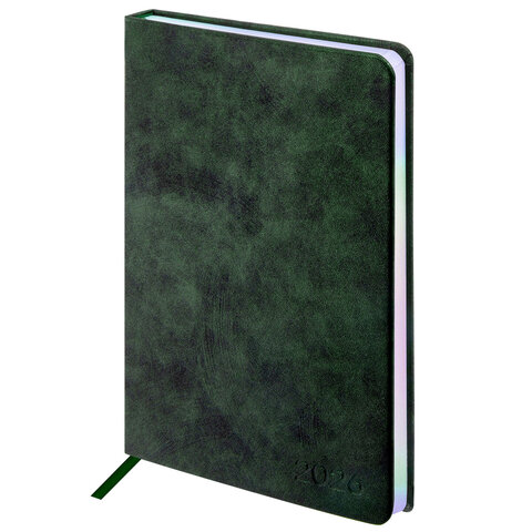 Ежедневник датированный 2026 А5 138х213 мм, BRAUBERG "Ice", под кожу, темно-зеленый, 117391 - фото 1