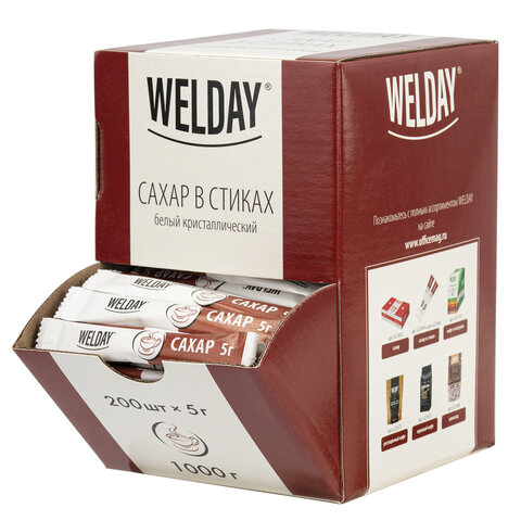 Сахар порционный OFFICE-BOX WELDAY (ВЭЛДЭЙ) в стиках по 5 г, 200 штук, 1 кг, 624095 - фото 1