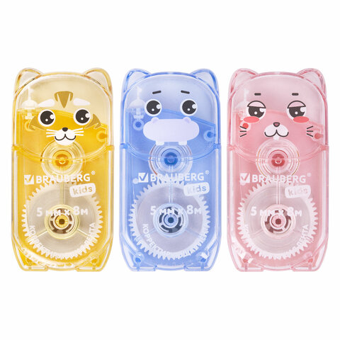 Корректирующая лента BRAUBERG KIDS "ЗВЕРЯТА", 5 мм х 8 м, механизм перемотки, корпус ассорти, блистер, 272499 - фото 1