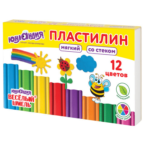Пластилин мягкий ЮНЛАНДИЯ "ВЕСЕЛЫЙ ШМЕЛЬ", 12 цветов, 180 г, СО СТЕКОМ, 106672 - фото 1