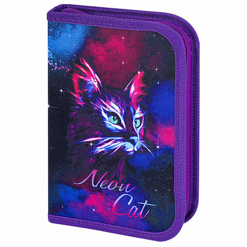 Пенал BRAUBERG с наполнением, 1 отделение, 1 откидная планка, 24 предмета, 21х14 см, "Neon cat", 271523 - фото 1