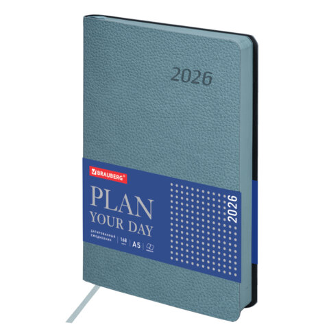 Ежедневник датированный 2026 А5 138x213 мм, BRAUBERG "Stylish", под кожу, гибкий, серо-голубой, 117105 - фото 1