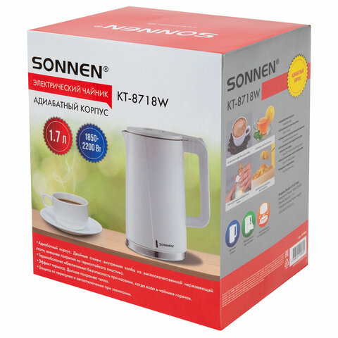 Чайник электрический с двойными стенками SONNEN KT-8718W, 1,7 л, 2200 Вт, белый, 454685 - фото 14