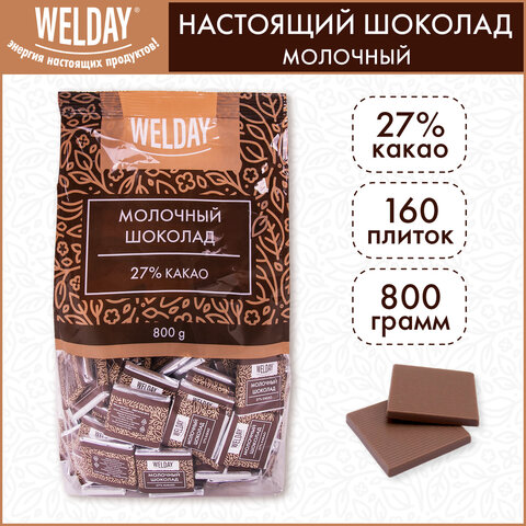 Шоколад порционный высшего качества WELDAY (ВЭЛДЭЙ) "Молочный 27%", 800 г (160 плиток по 5 г), пакет, 622406 - фото 4