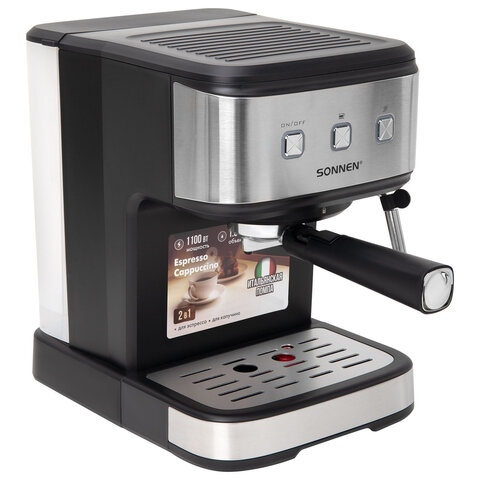 Кофеварка рожковая ручной капучинатор SONNEN CM8501, 1100 Вт, 1,5 л, 15 бар, черная/серебро, 456335 - фото 3