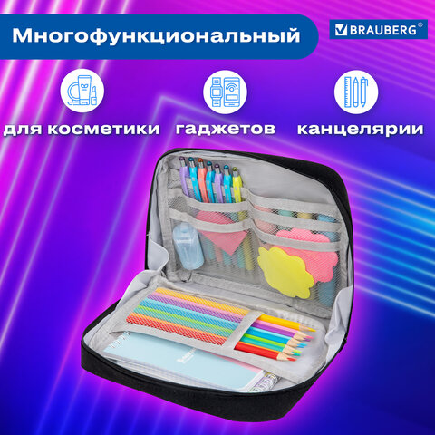 Пенал-органайзер BRAUBERG, 1 отделение, С НАКЛЕЙКАМИ, молния вокруг, канвас, 22x15х6 см, черный, 273596 - фото 15