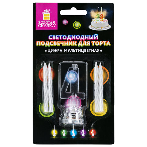 Цифра-подсвечник "4" светодиодная, ЗОЛОТАЯ СКАЗКА, в наборе 4 свечи 6 см, 1 батарейка, 591427 - фото 1