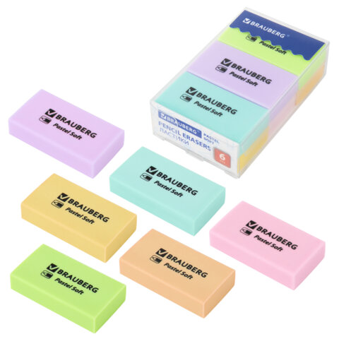 Ластики BRAUBERG PASTEL SOFT НАБОР 6 шт., размер ластика 45х25х10 мм, экологичный ПВХ, 271340 - фото 1