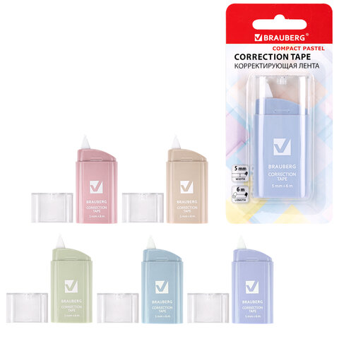 Корректирующая лента BRAUBERG COMPACT PASTEL, 5 мм х 6 м, корпус ассорти, блистер, 272495 - фото 1