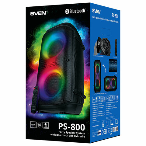 Колонка портативная SVEN PS-800, 100 Вт, TWS, Bluetooth, FM, USB, microSD, LED-дисплей, черная, SV-021511 - фото 16