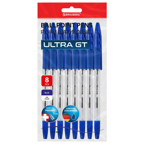 Ручки шариковые с грипом BRAUBERG "ULTRA GT", НАБОР 8 ШТУК, СИНИЕ, корпус прозрачный, узел 1 мм, линия 0,5 мм, 144529 - фото 1