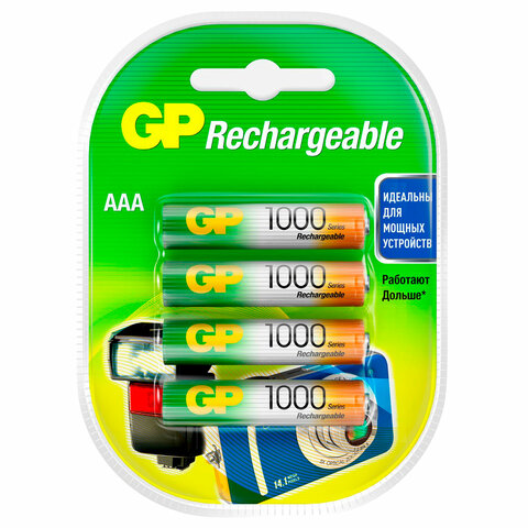 Батарейки аккумуляторные Ni-Mh мизинчиковые КОМПЛЕКТ 4 шт. AAA (HR03) 950 mAh, GP, 100AAAHC-2DECRC4 - фото 1