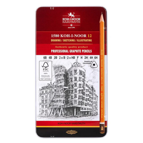 Карандаши чернографитные KOH-I-NOOR, НАБОР 12 шт., "Art" 6B-6H, без резинки, металлическая коробка, 1582012001PL - фото 1