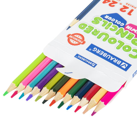 Карандаши цветные двусторонние BRAUBERG PREMIUM TWIN COLOUR, 12 штук, 24 цвета, шестигранные, грифель 3,3 мм, натуральное дерево, 181874 - фото 2