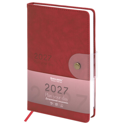 Ежедневник датированный 2027, А5, 138х213 мм, BRAUBERG "Solana", под кожу, кнопка, бургунди, 118219 - фото 1