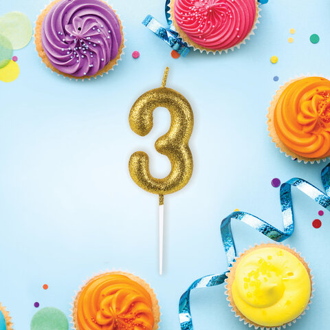 Свеча-цифра для торта "3" золотая с глиттером, 6 см, ЗОЛОТАЯ СКАЗКА, на шпажке, в блистере, 591416 - фото 2