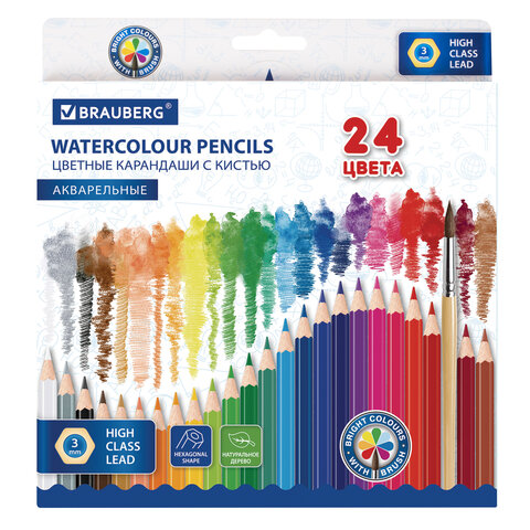 Карандаши цветные акварельные BRAUBERG 24 цвета с КИСТЬЮ, шестигранные, грифель 3 мм, натуральное дерево, 181849 - фото 1