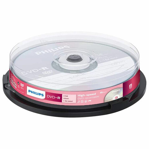 Диски DVD-R PHILIPS, 4,7 Гб, 16x, Cake Box (упаковка на шпиле), КОМПЛЕКТ 10 шт., DM4S6B10F/97 - фото 1