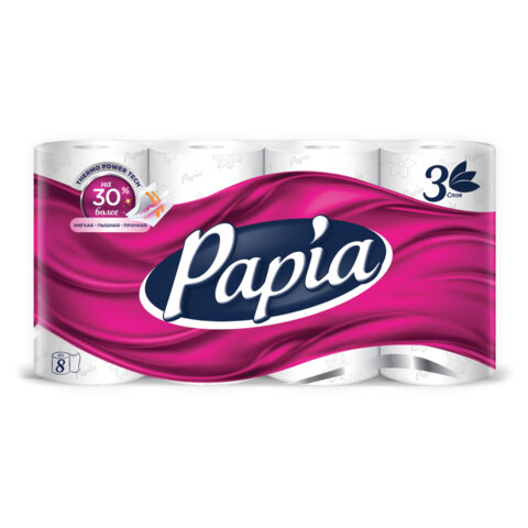 Бумага туалетная бытовая, спайка 8 шт., 3-слойная (8х16,5 м), PAPIA, 5080721 - фото 1